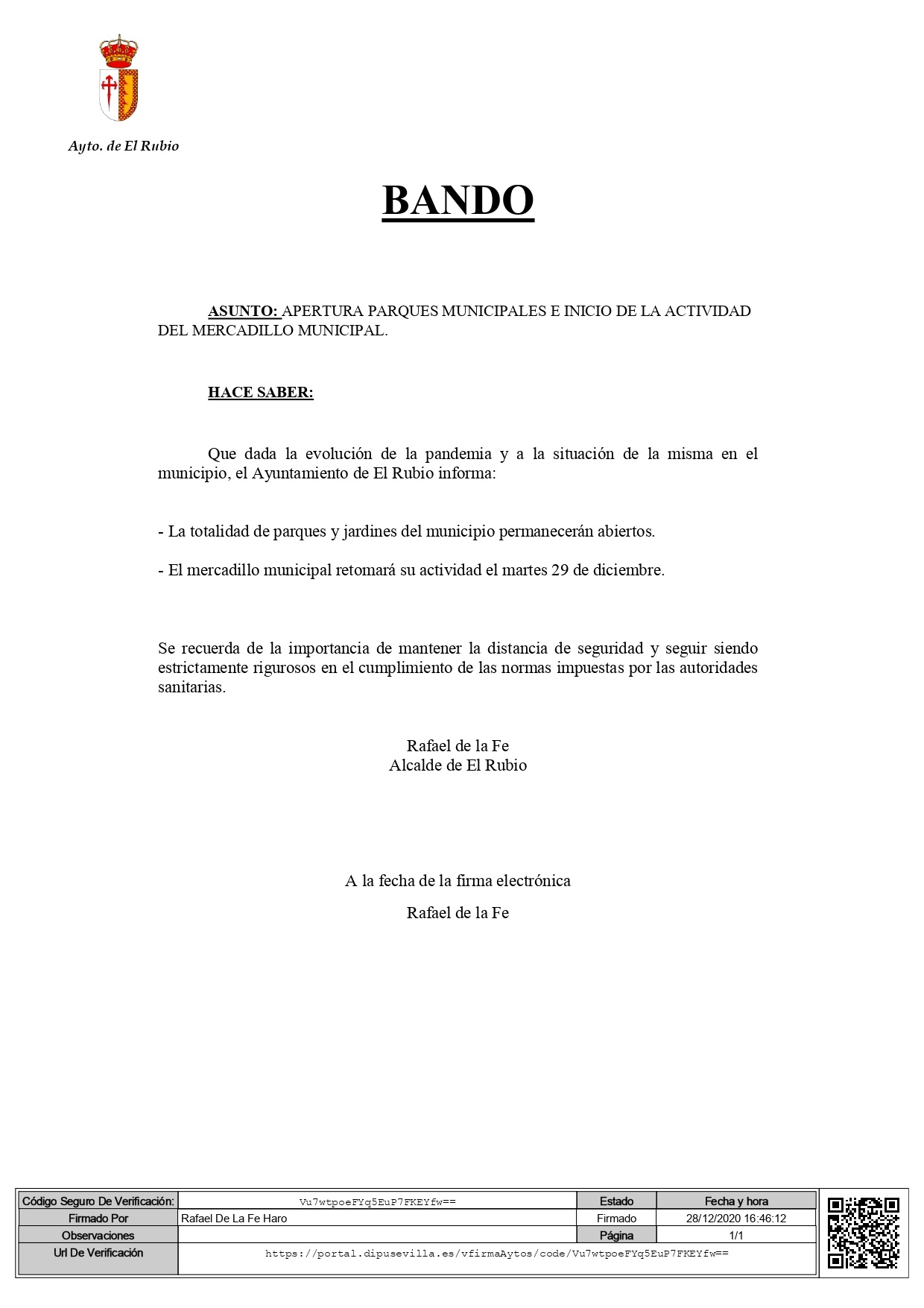 Inicio de la actividad del mercadillo municipal a partir del martes 29 de diciembre.
