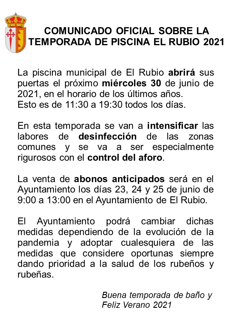 La piscina municipal de El Rubio abrirá sus puertas el próximo miércoles 30 de junio