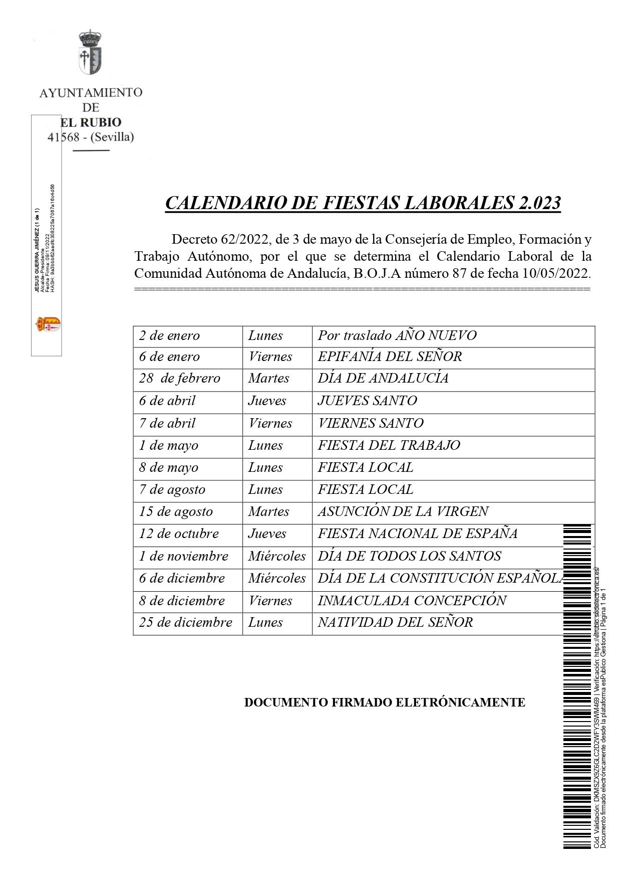 CALENDARIO DE FIESTAS LABORALES 2023