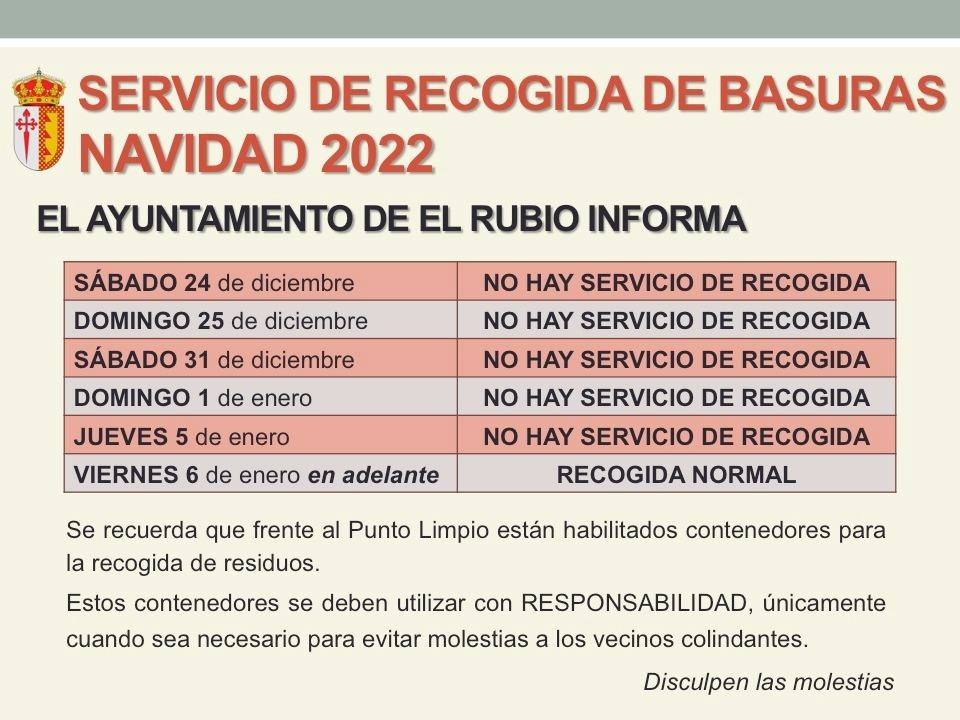 SERVICIO DE RECOGIDA DE BASURAS durante las FIESTAS DE NAVIDAD 2022