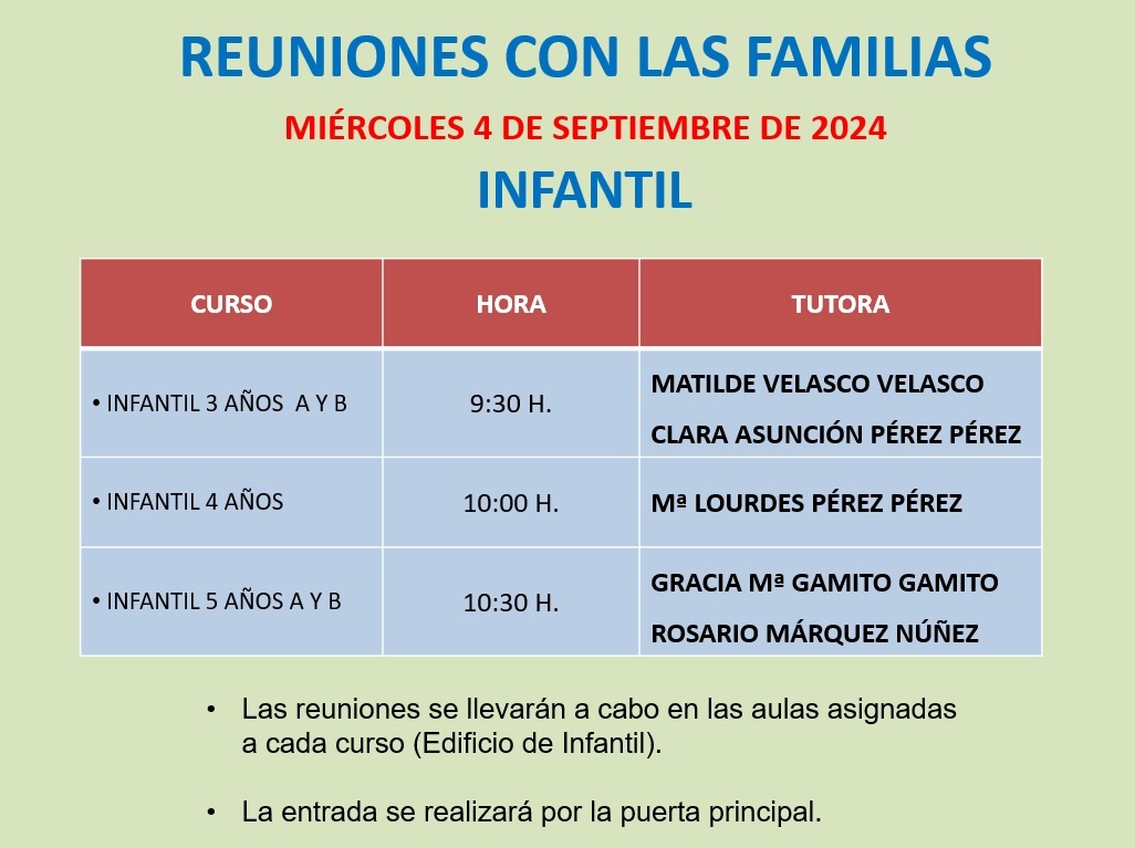1.-El CEIP Carmen Borrego comunica el horario de reuniones con las familias