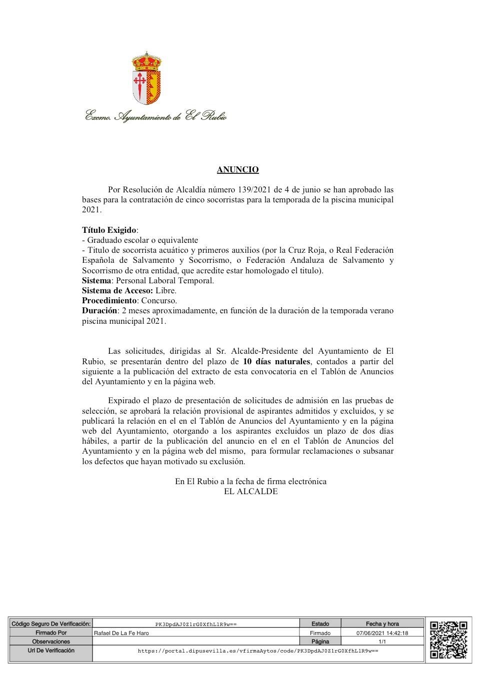 170.-Contratación de 5 socorristas para la temporada 2021