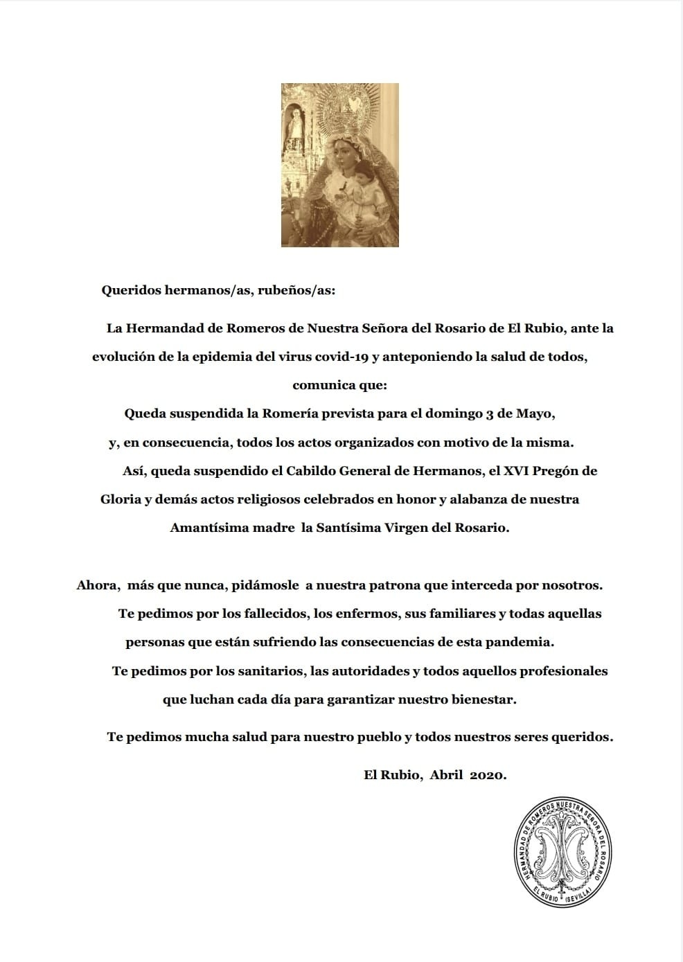 8.-SUSPENCIÓN DE LA ROMERÍA 2020