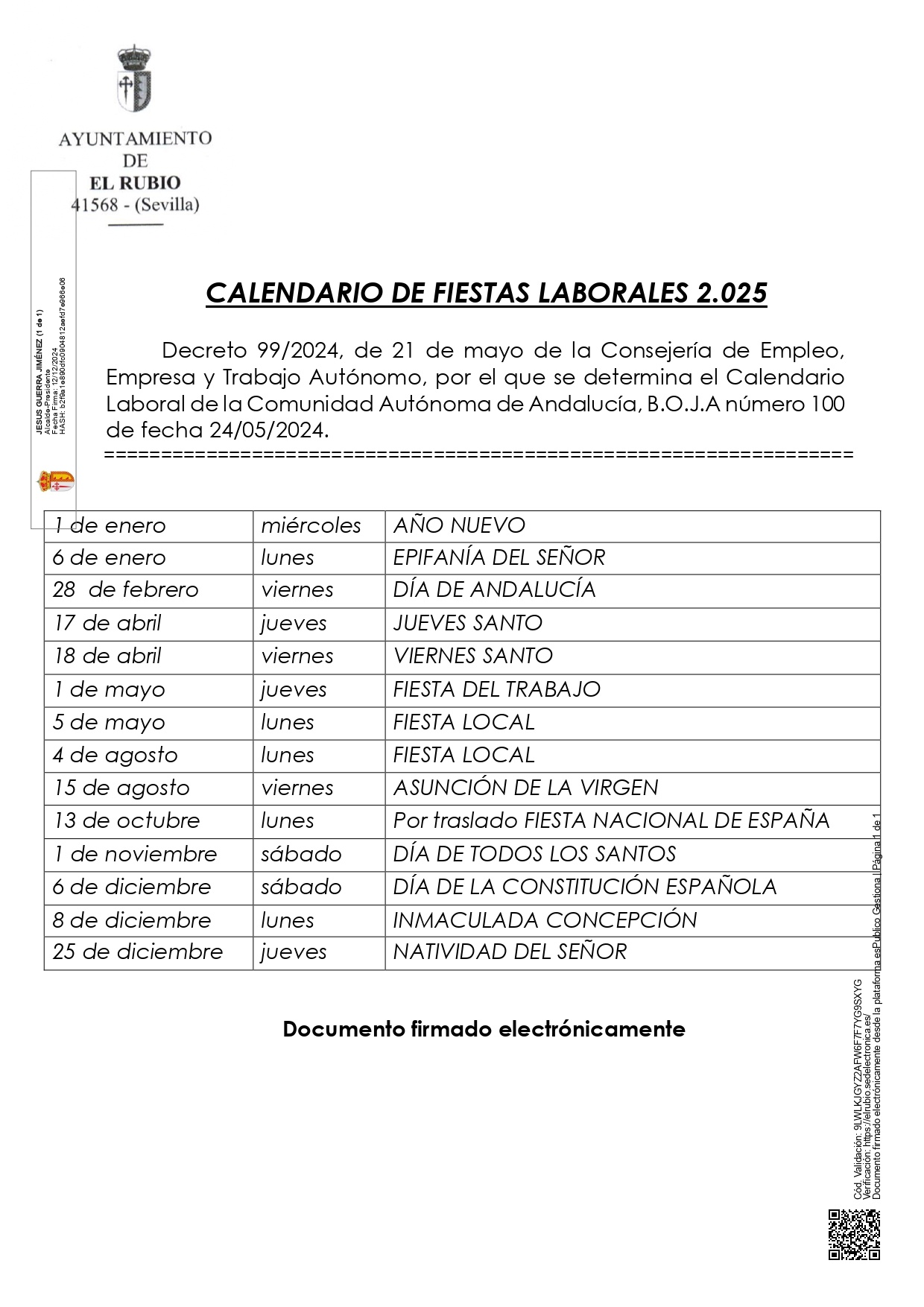 CALENDARIO DE FIESTAS LABORALES 2025