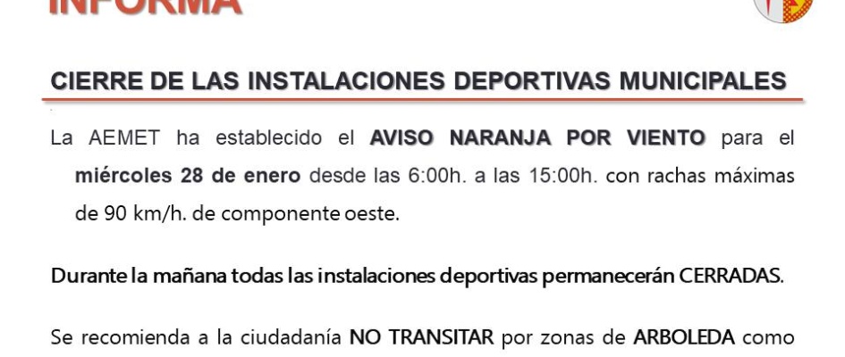 CIERRE DE LAS INSTALACIONES DEPORTIVAS MUNICIPALES DE EL RUBIO