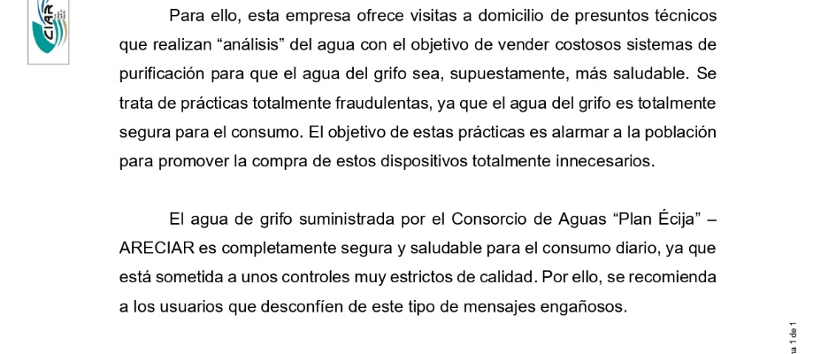 COMUNICADO CONSORCIO DE AGUAS PLAN ÉCIJA ¿ ARECIAR