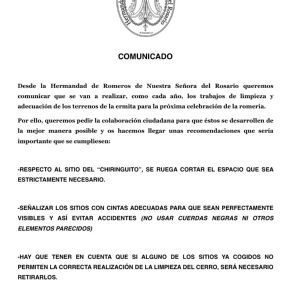 COMUNICADO DE LA HERMANDAD DE ROMEROS DE NUESTRA SEÑORA DEL ROSARIO DE EL RUBIO