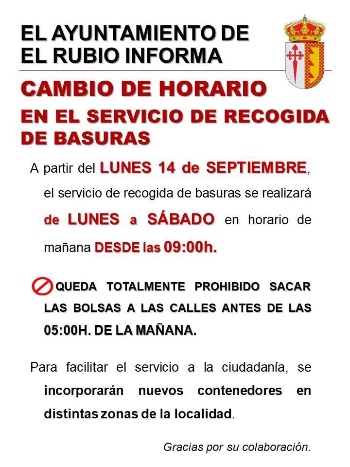 Cambio en el horario de recogida de basuras a partir del 14 de septiembre