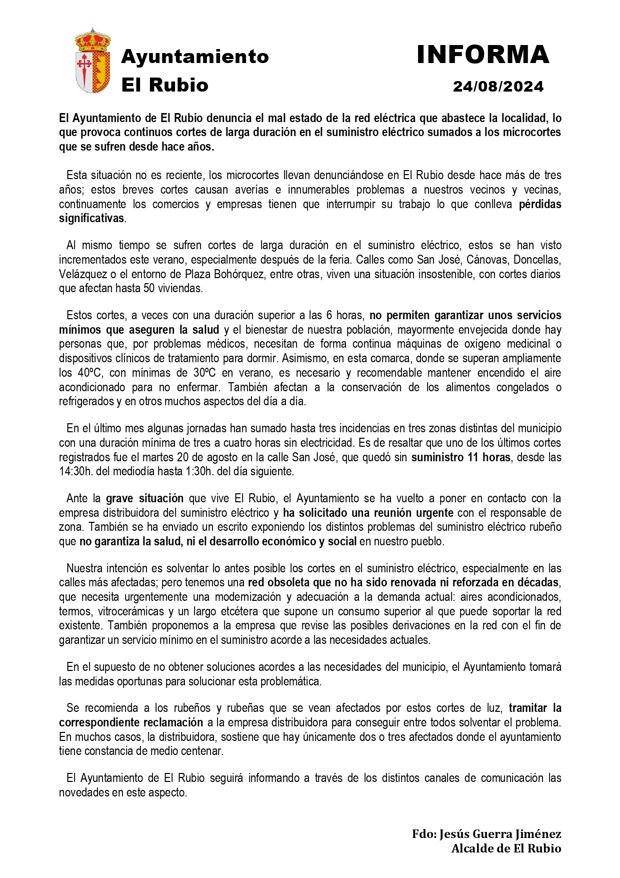 El Rubio denuncia el mal estado de la red eléctrica
