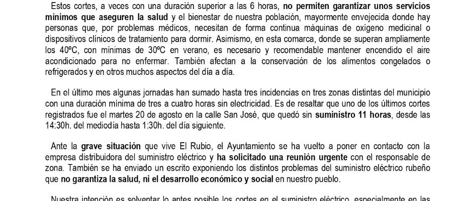 El Rubio denuncia el mal estado de la red eléctrica