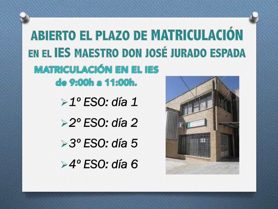 MATRICULACIÓN I.E.S. Maestro Don José Jurado Espada para el curso 20212022