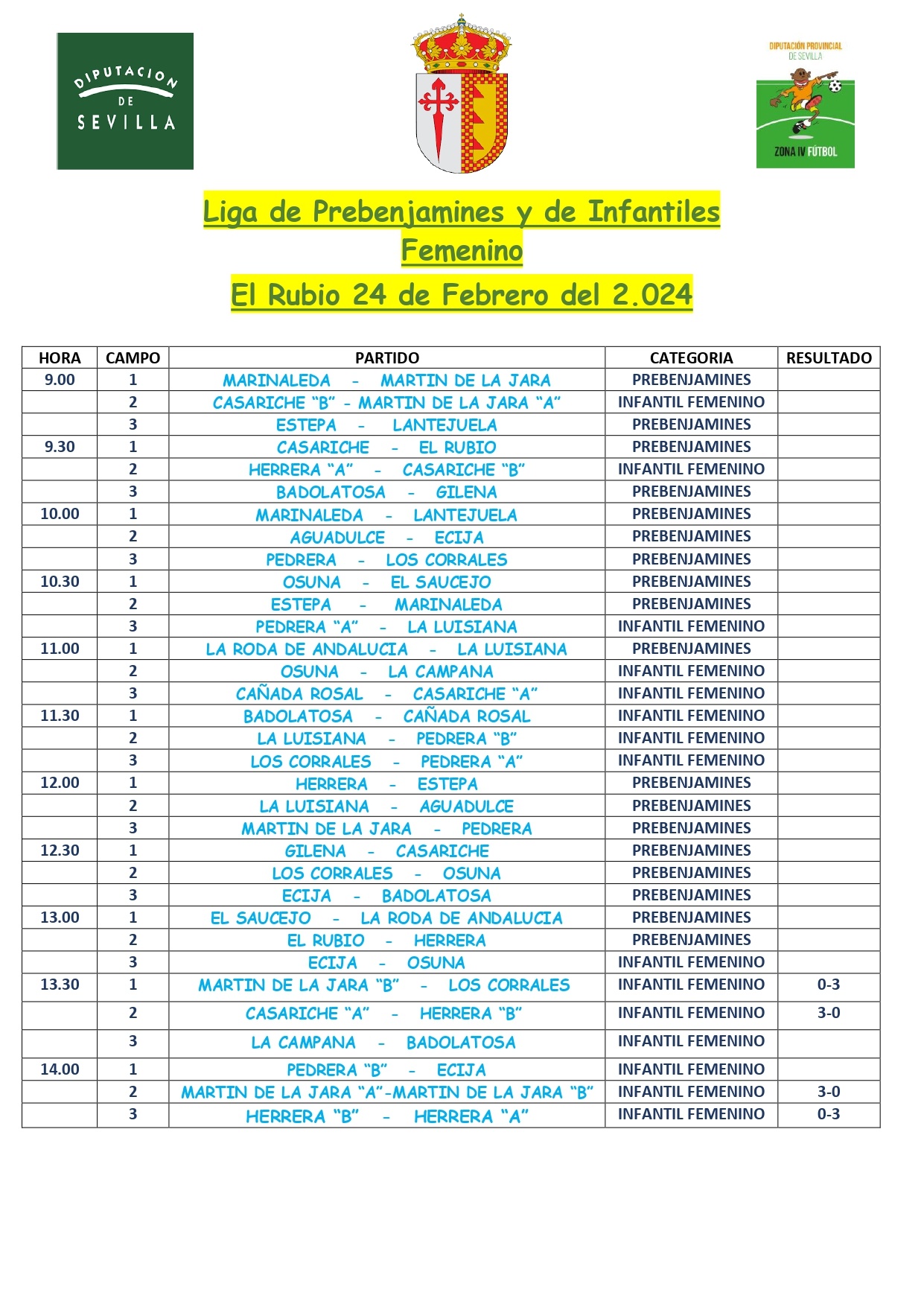 SÁBADO 24 DE FEBRERO JORNADAS DE PREBENJAMINES E INFANTIL FEMENINO EN EL RUBIO
